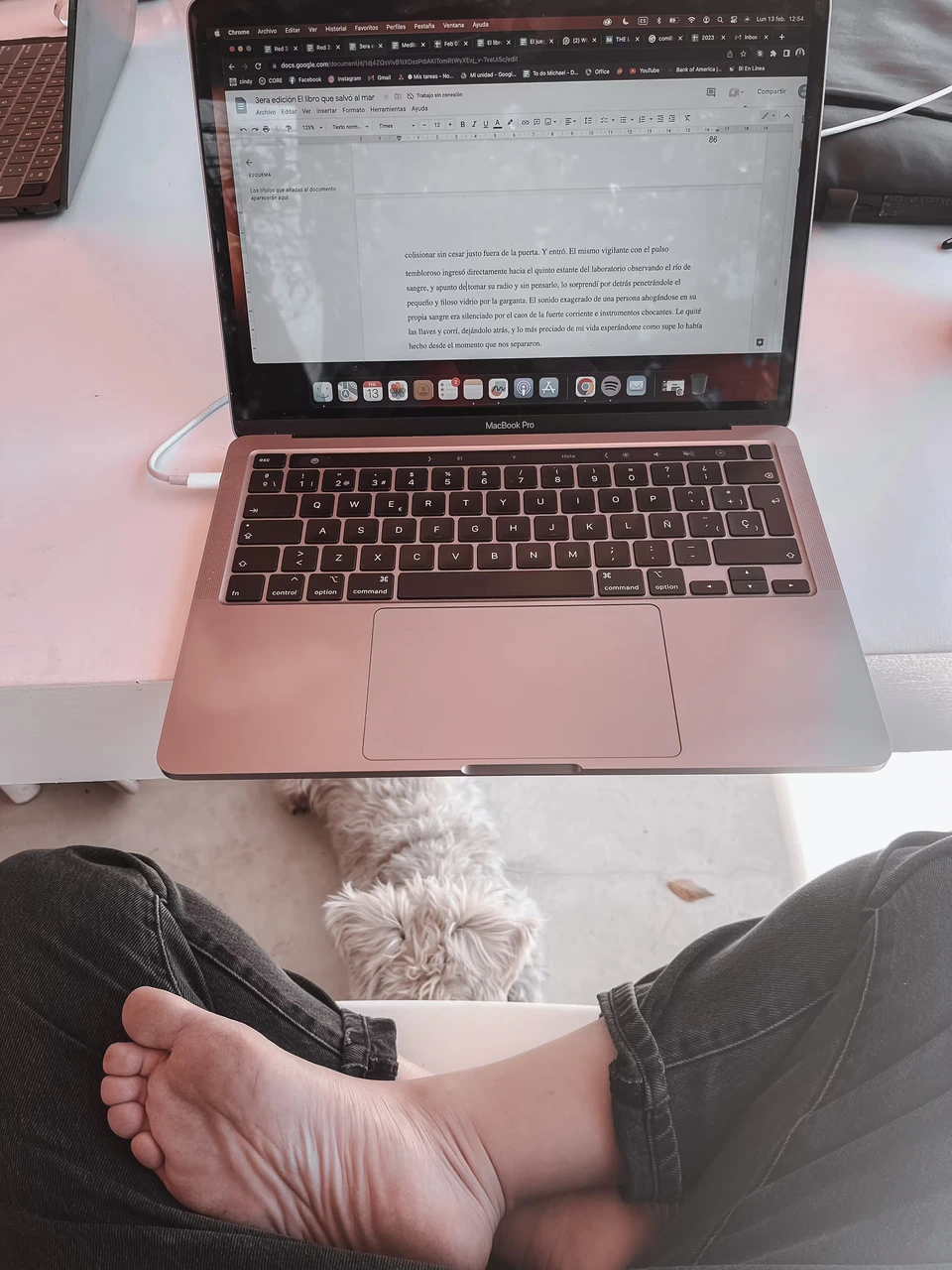 An open laptop displaying a manuscript, with a dog resting below the table.