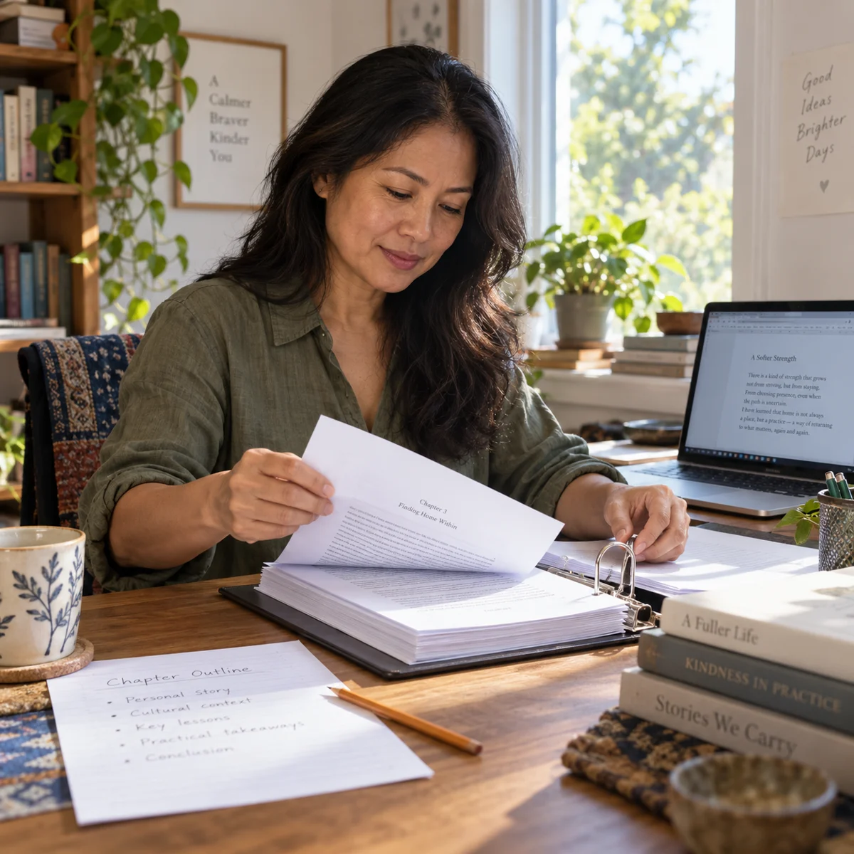 Editorial illustration of an author arranging her own manuscript pages in a binder.