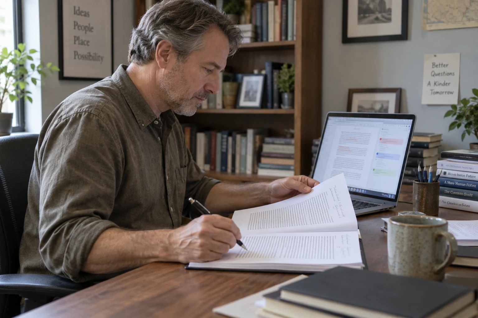 An author reviewing editor comments and checking the meaning of his chapter.