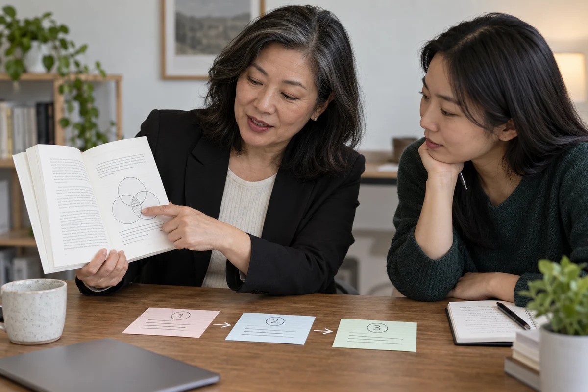 Illustration of a consultant connecting her existing book to a teaching plan