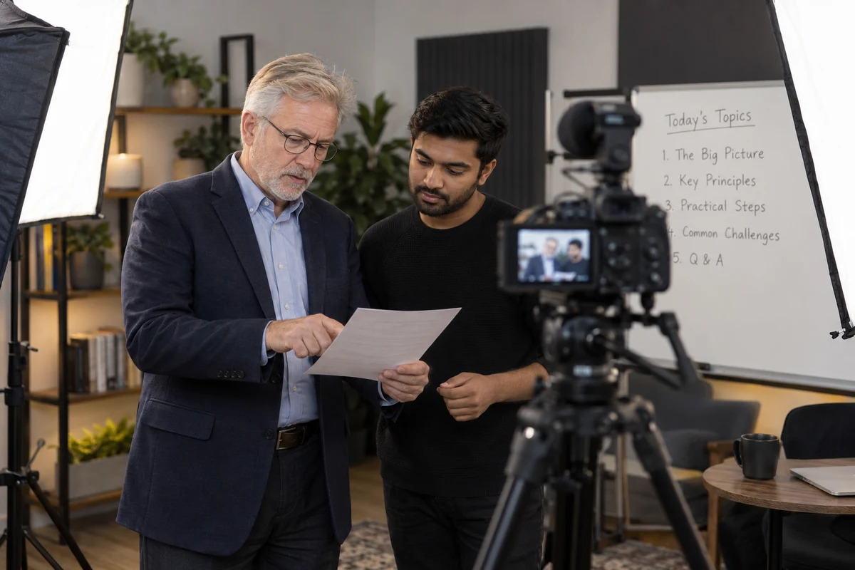 Illustration of a subject expert preparing his teaching with a producer