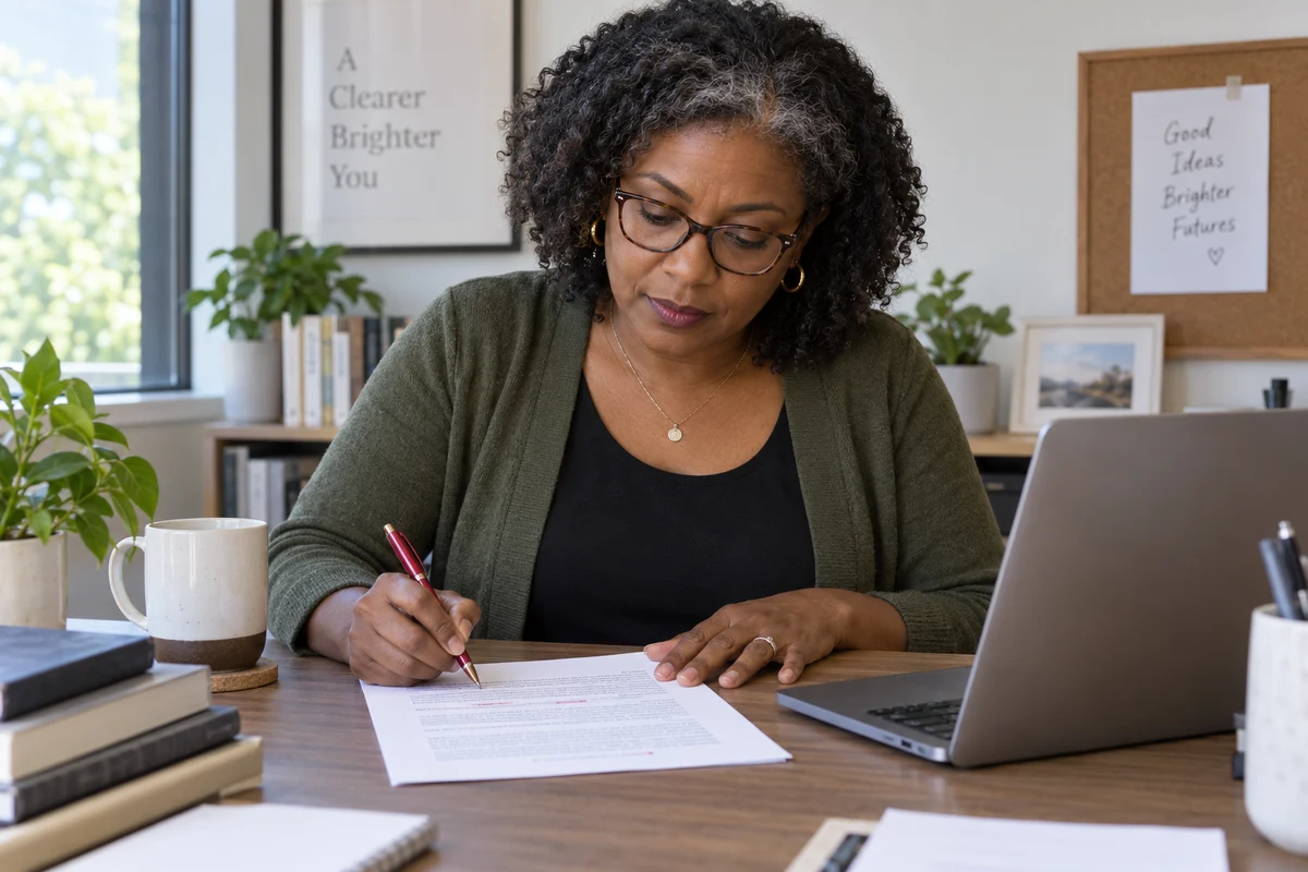 Illustration of a consultant deliberately revising her own manuscript