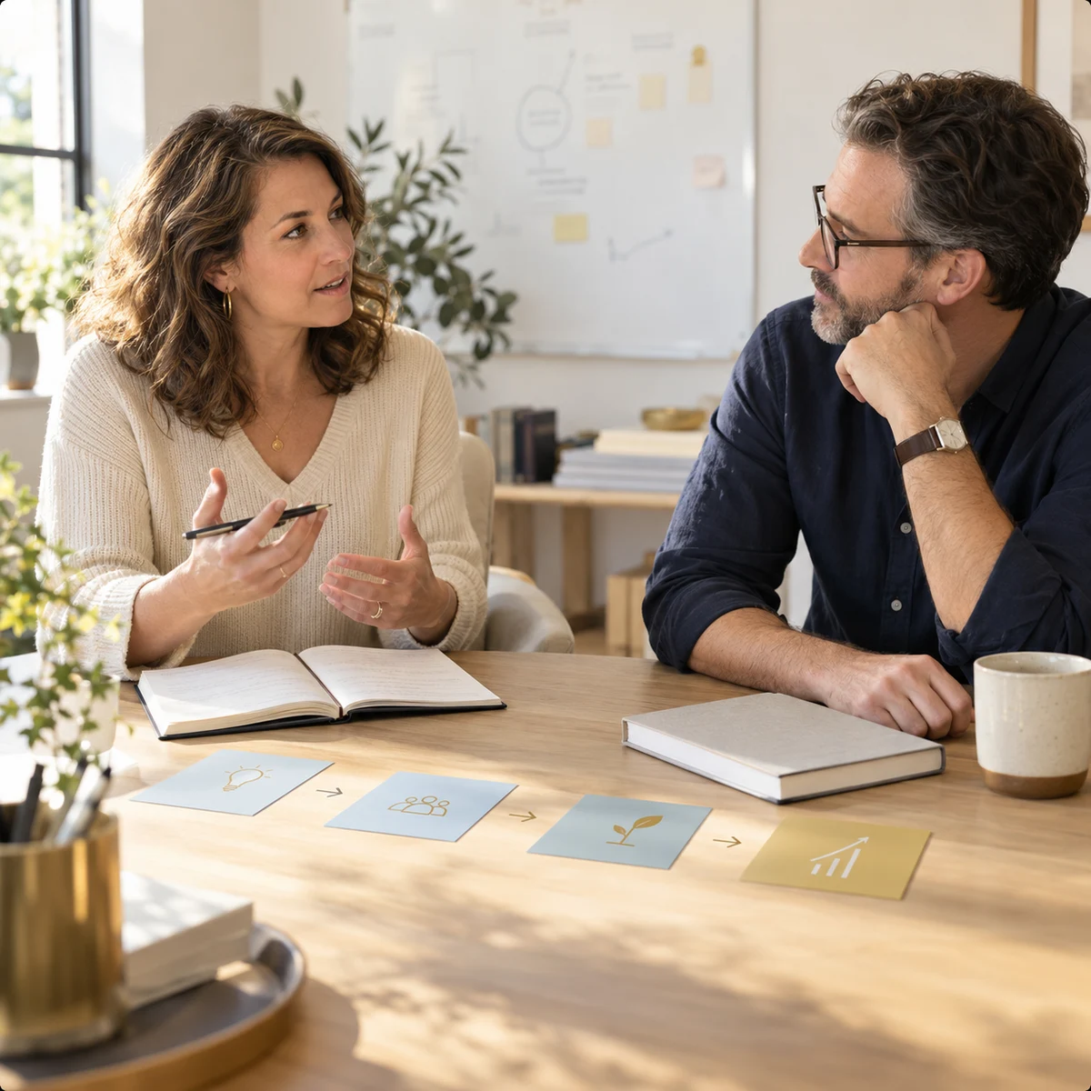 Editorial illustration of a business owner and adviser working through audience goals during an Uncovery conversation.