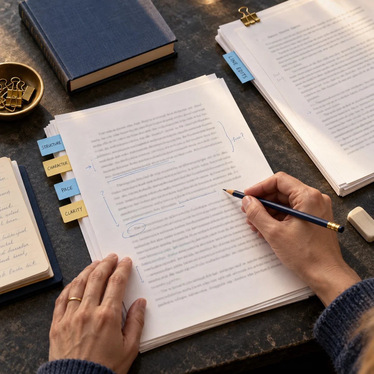 Editorial illustration of manuscript structure and sentence revisions.