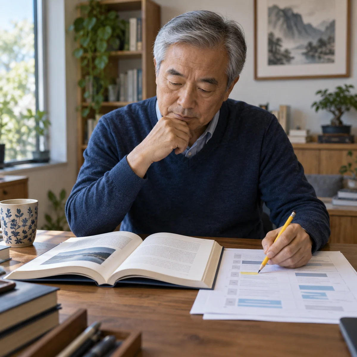 An author comparing his existing book with a lesson outline before approving changes.