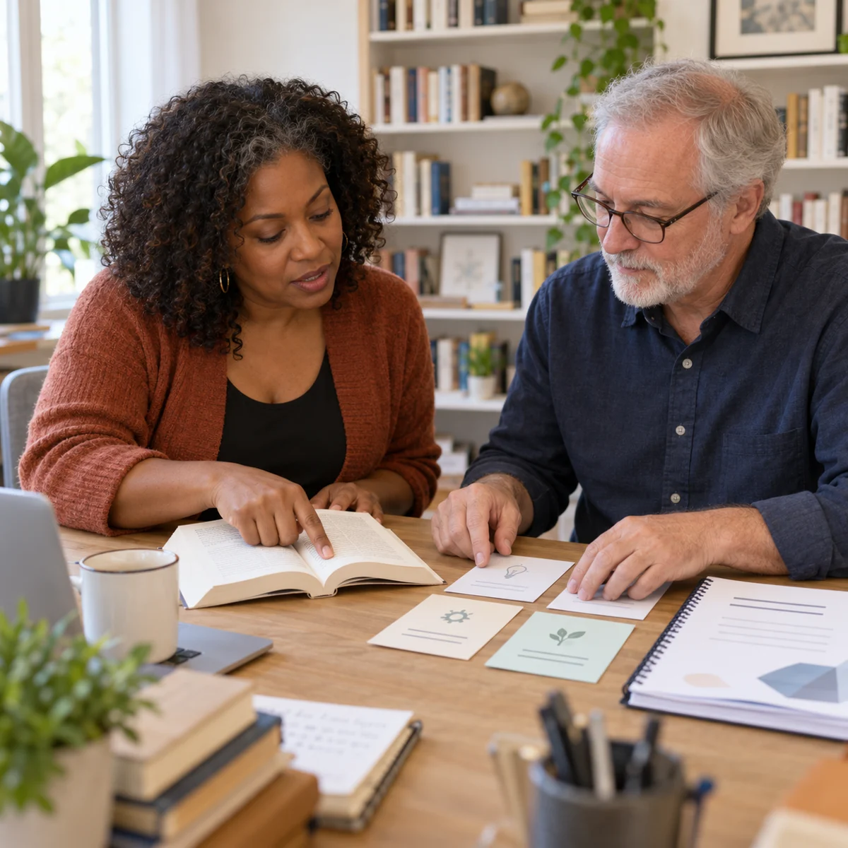 Editorial illustration of an author and instructional designer developing lessons from an existing book.