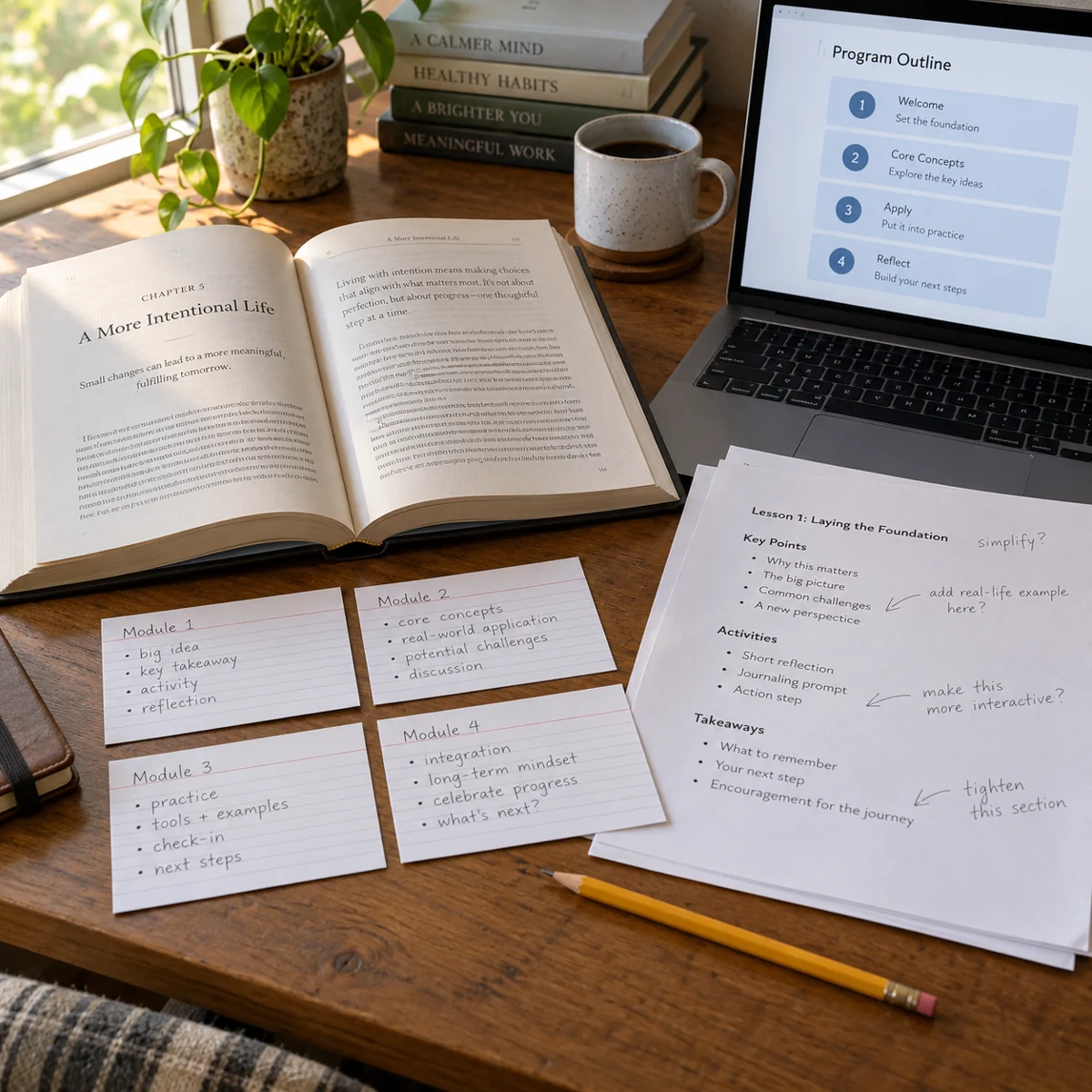 An existing book, revised lesson drafts and an unbranded paid-program outline.