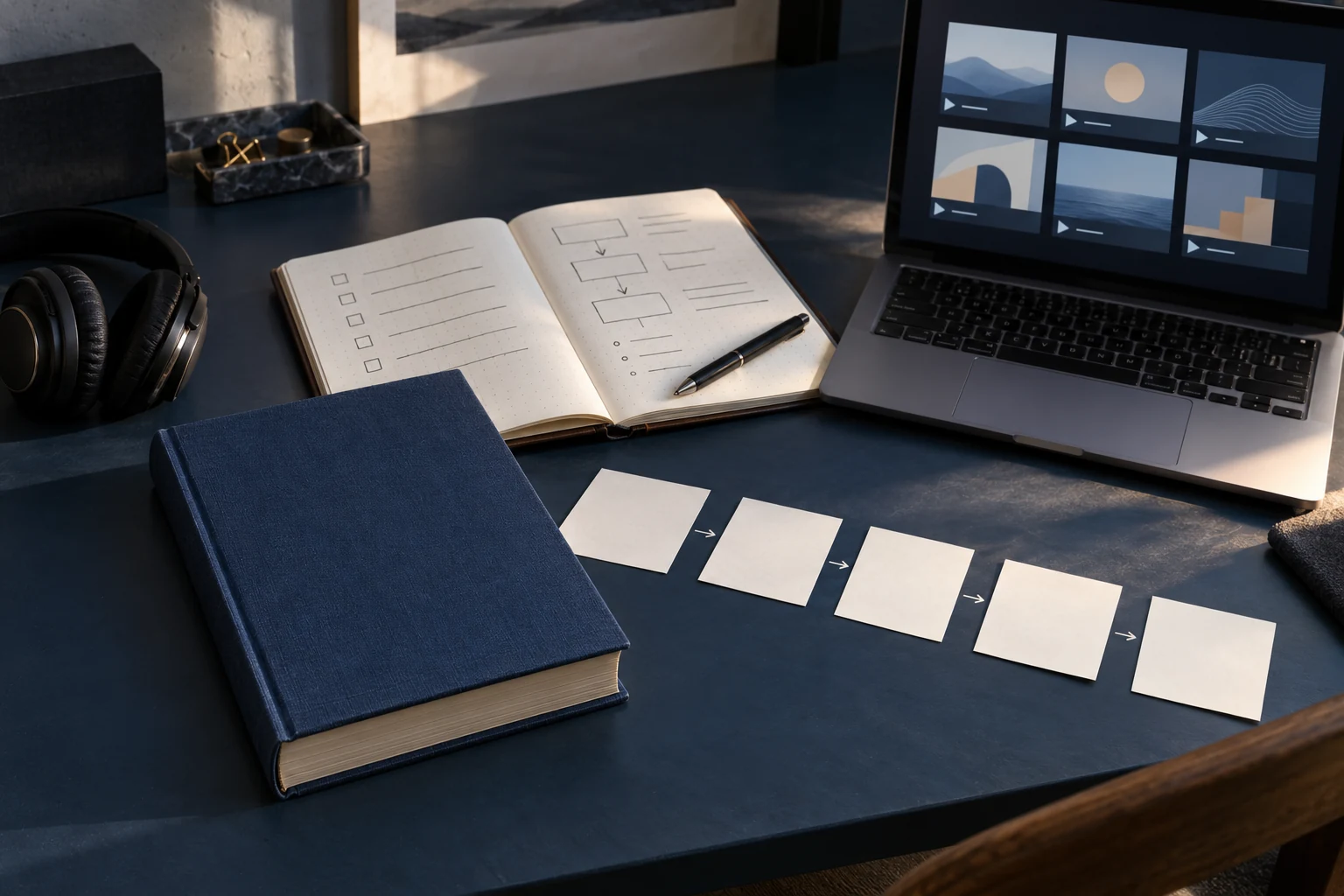 An existing book beside a planned sequence of paid lessons and an online lesson library.