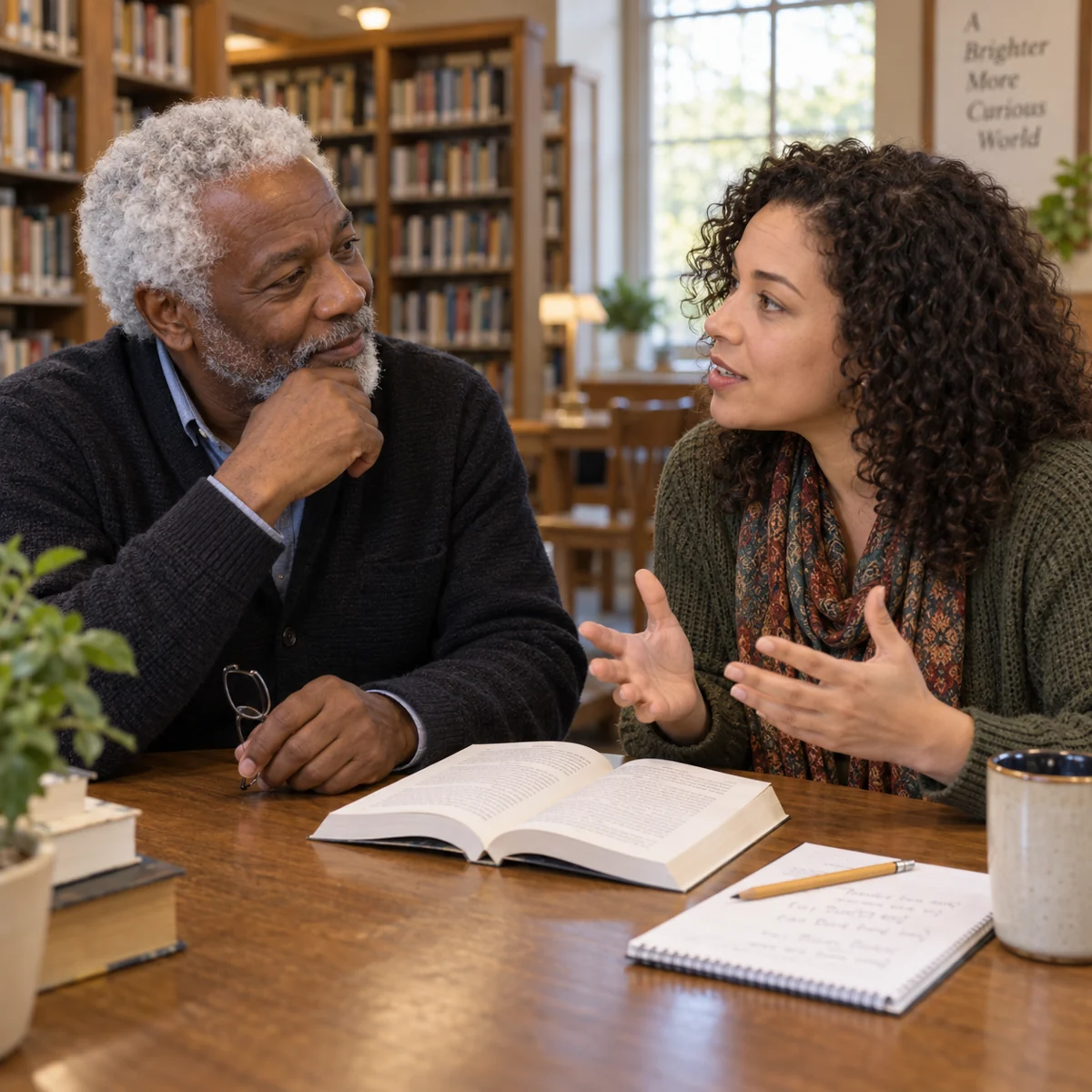 An author listening to a reader’s questions about an open book.