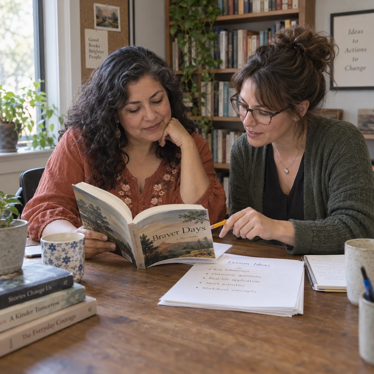 An author and instructional editor reviewing an existing book and teaching notes.