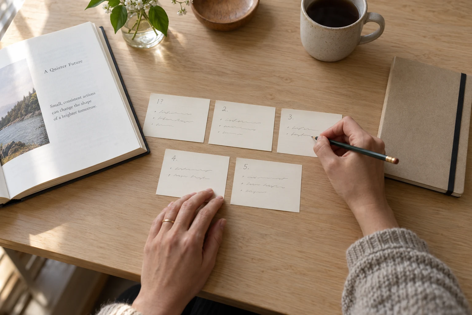 Hands beginning a book outline with five simple idea cards.
