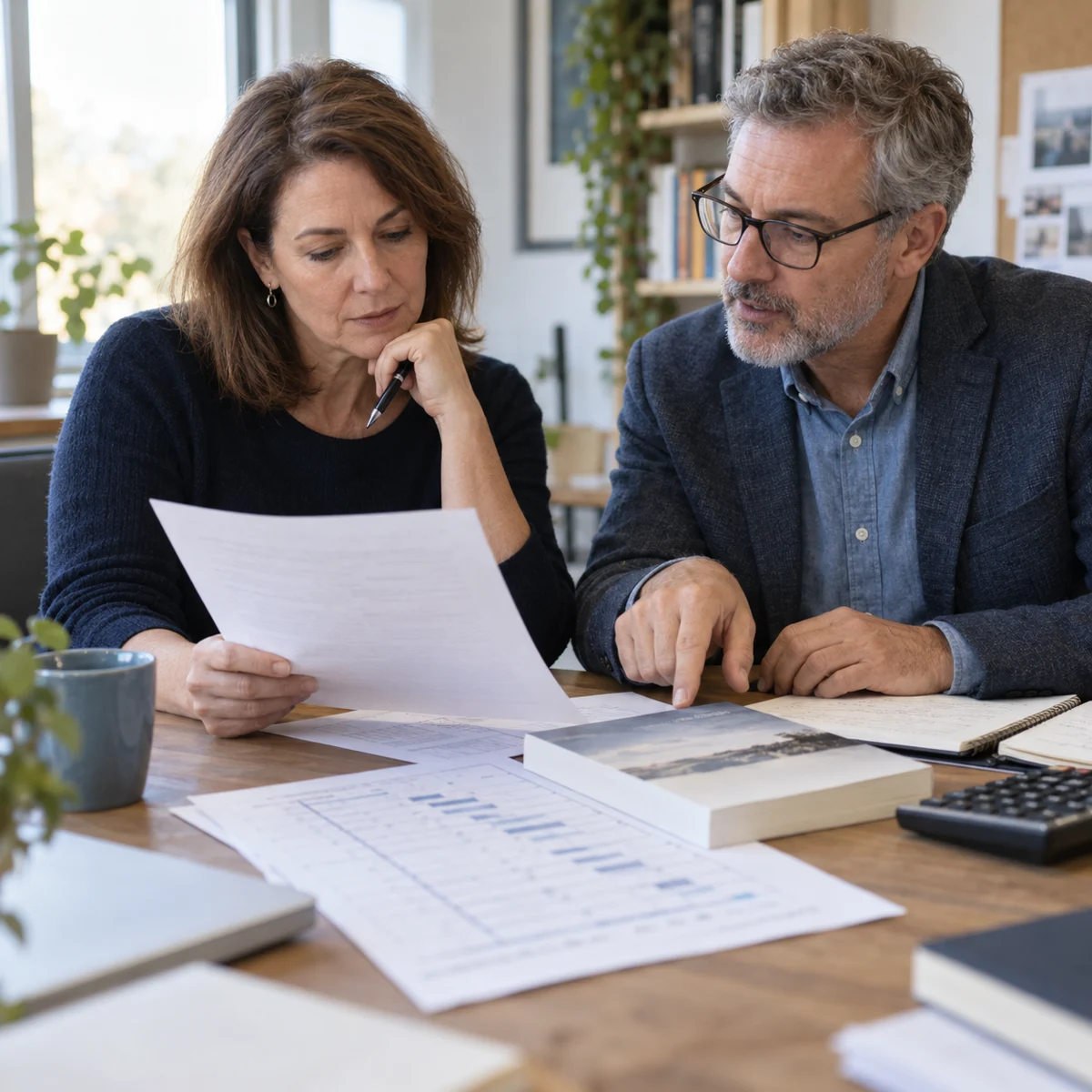 Editorial illustration of an author and adviser reviewing publishing responsibilities and costs.