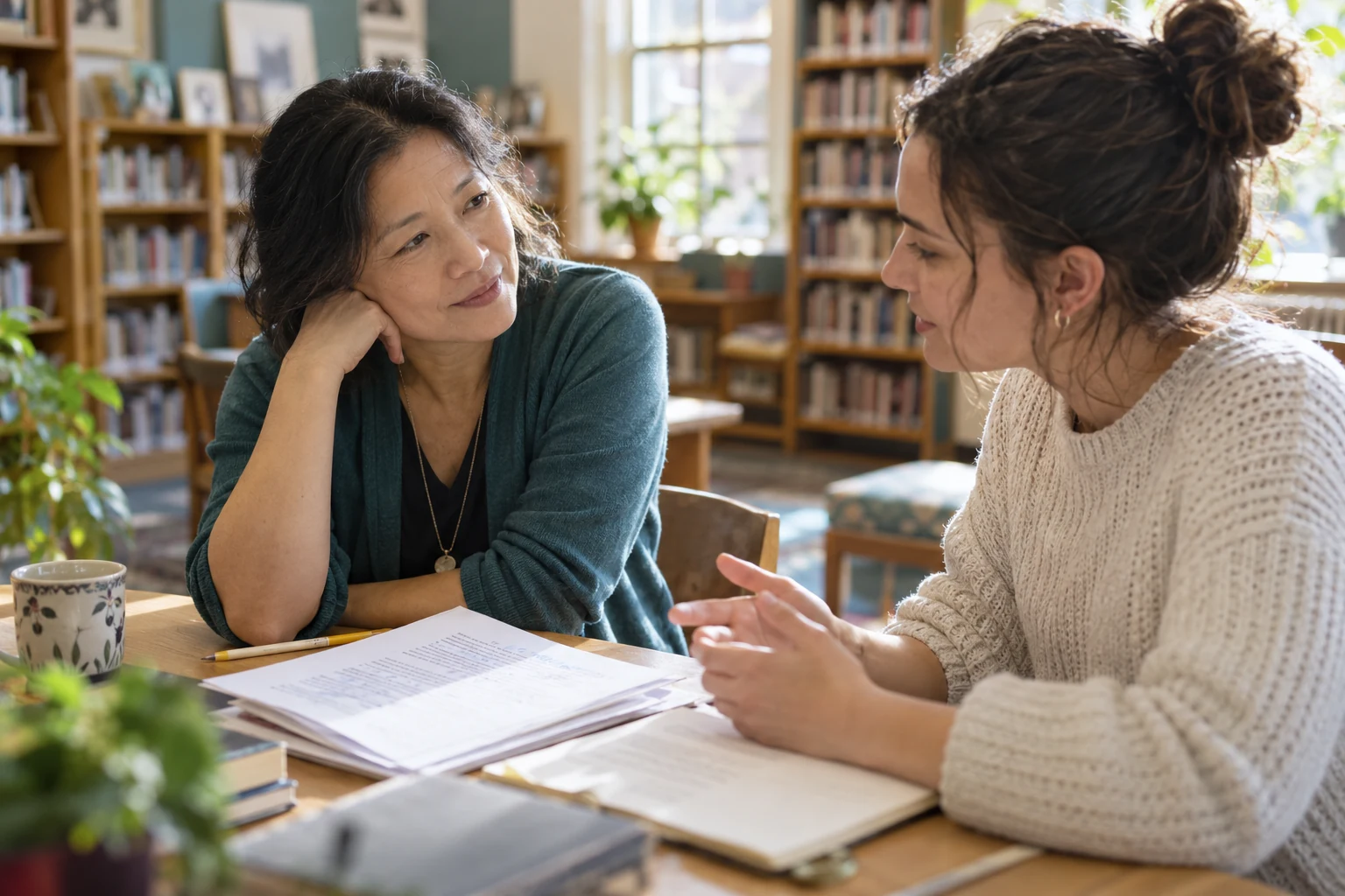 An author listening closely to a reader while discussing a manuscript.