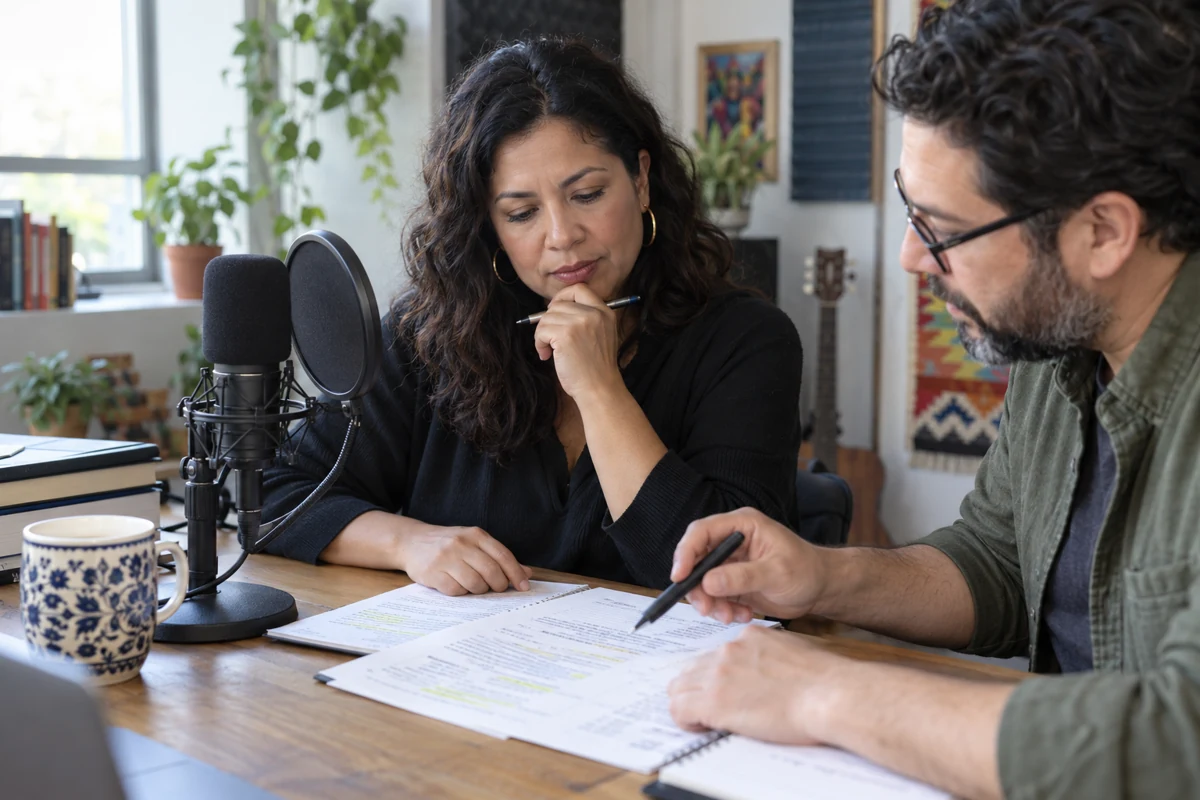Illustration of an author carefully reviewing her message with a producer before recording