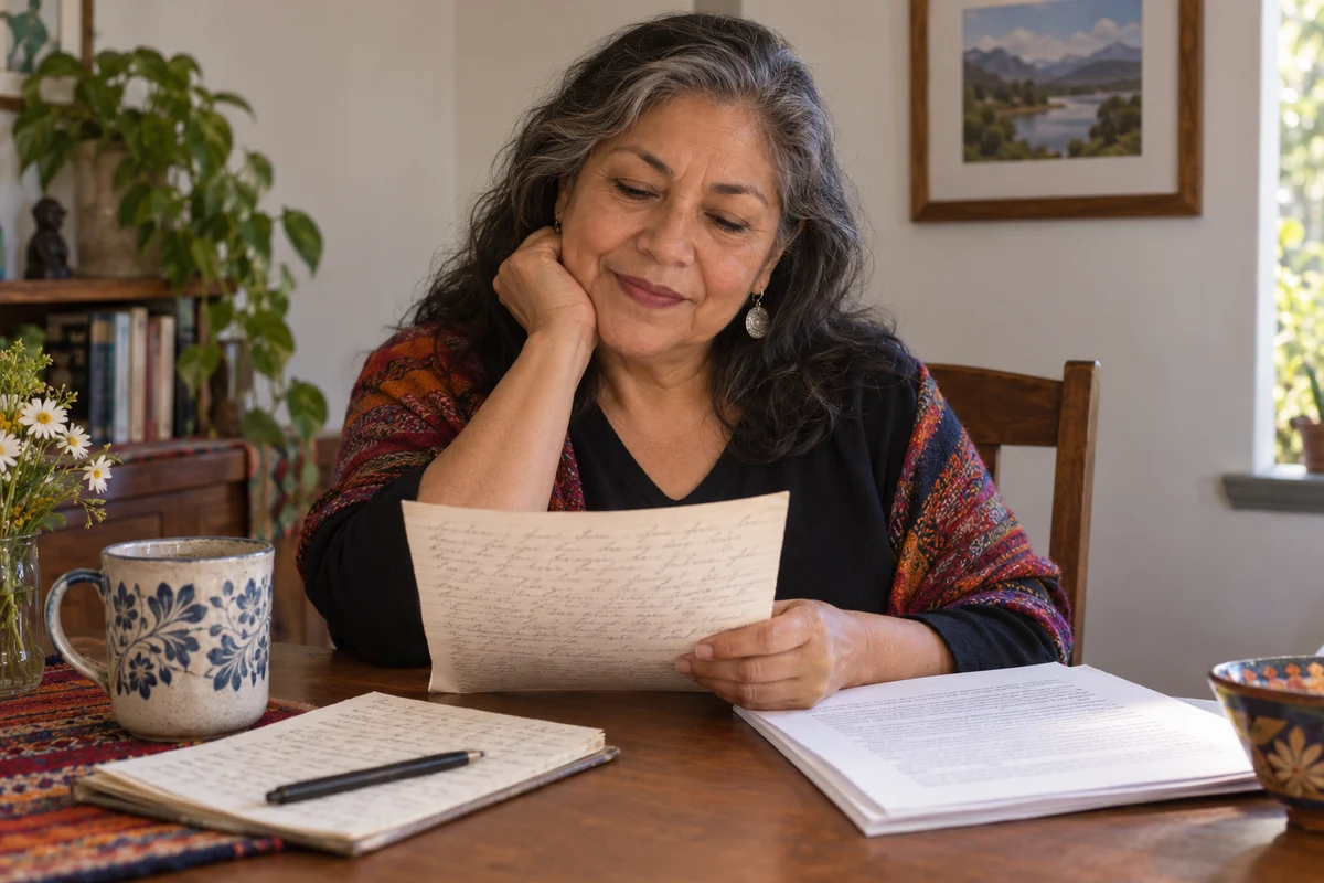 Illustration of an author carefully reviewing the meaning of her own story