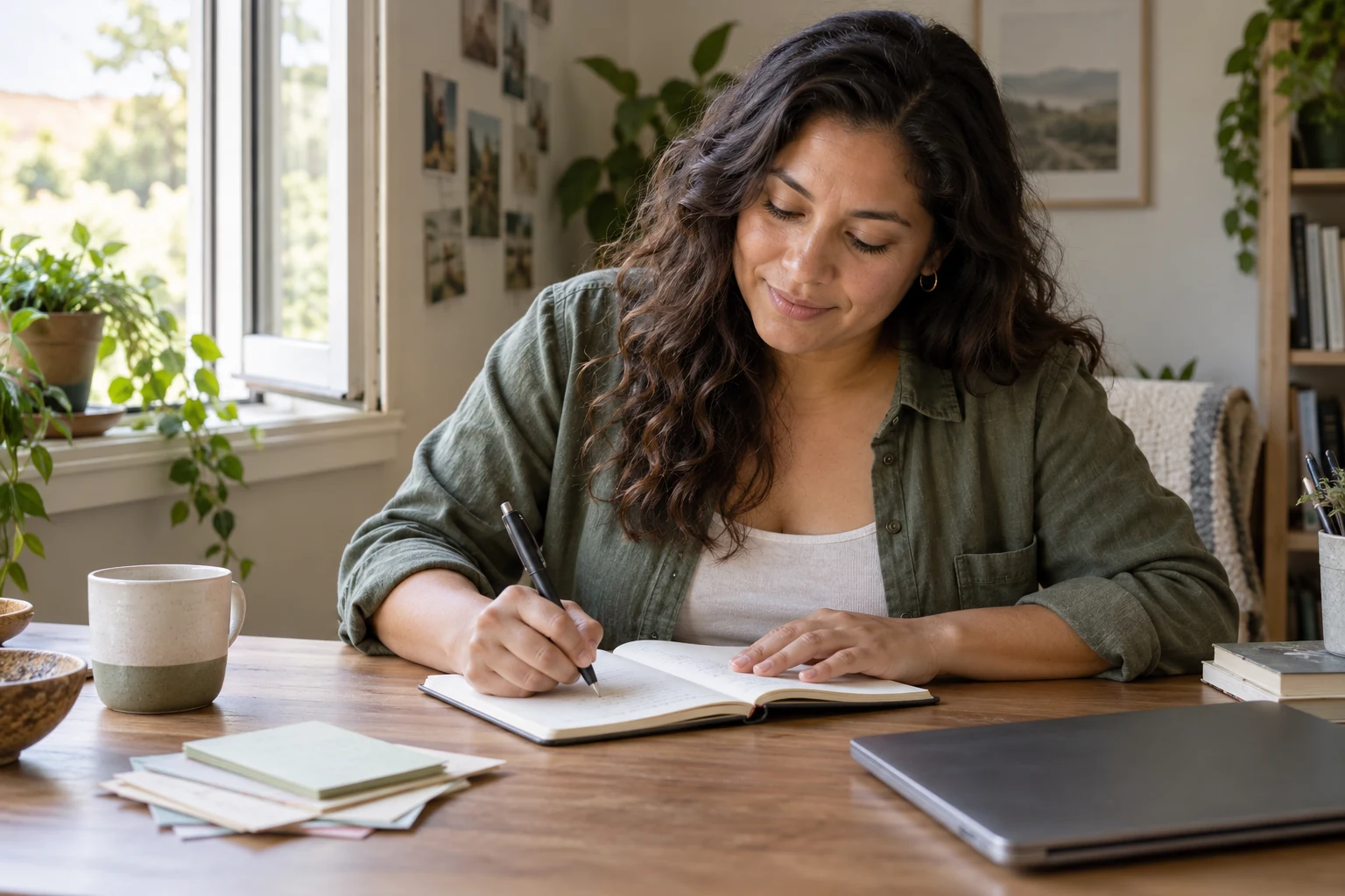 An aspiring author taking one useful next step in her notebook.