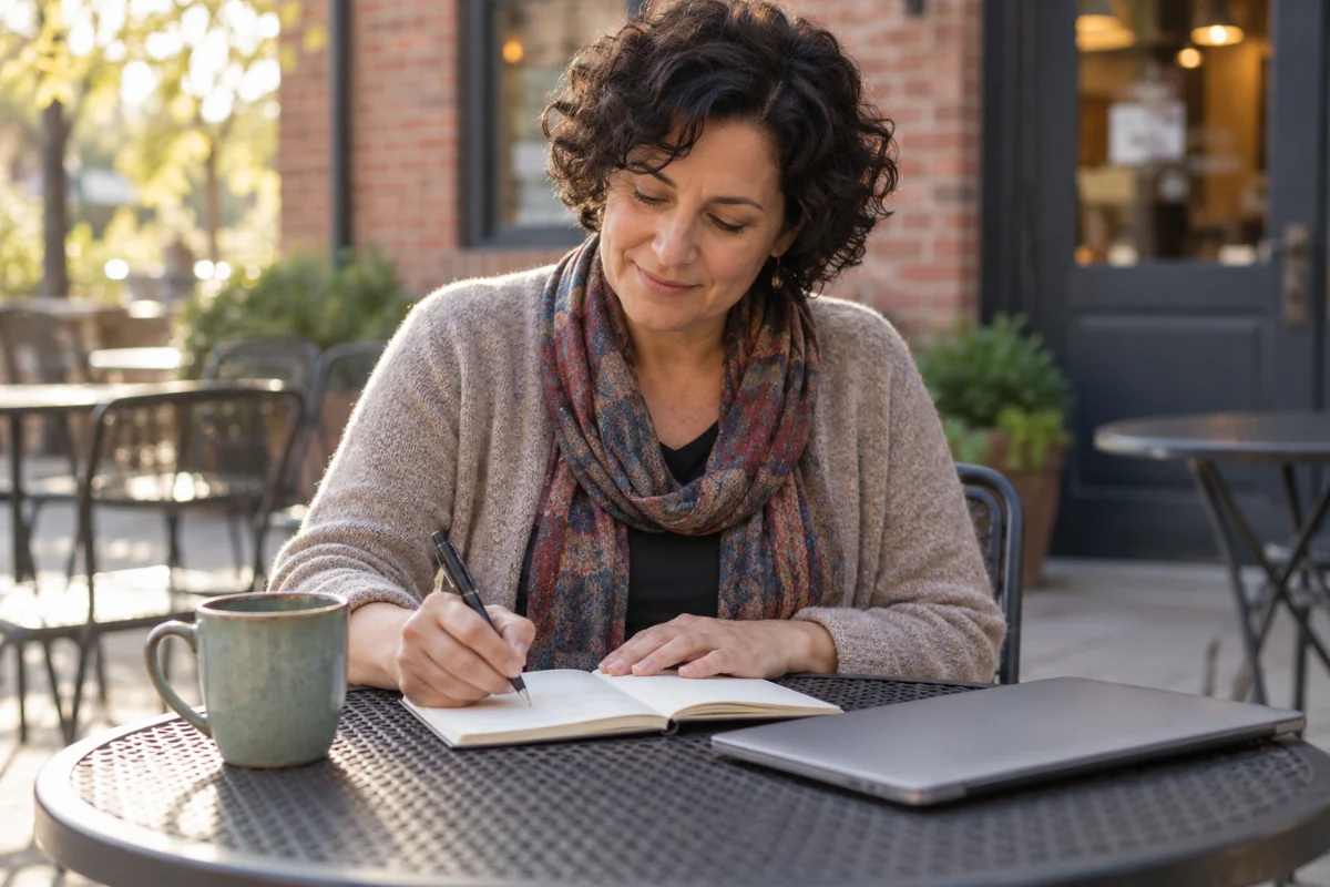 Illustration of an aspiring author beginning with a notebook at an outdoor cafe