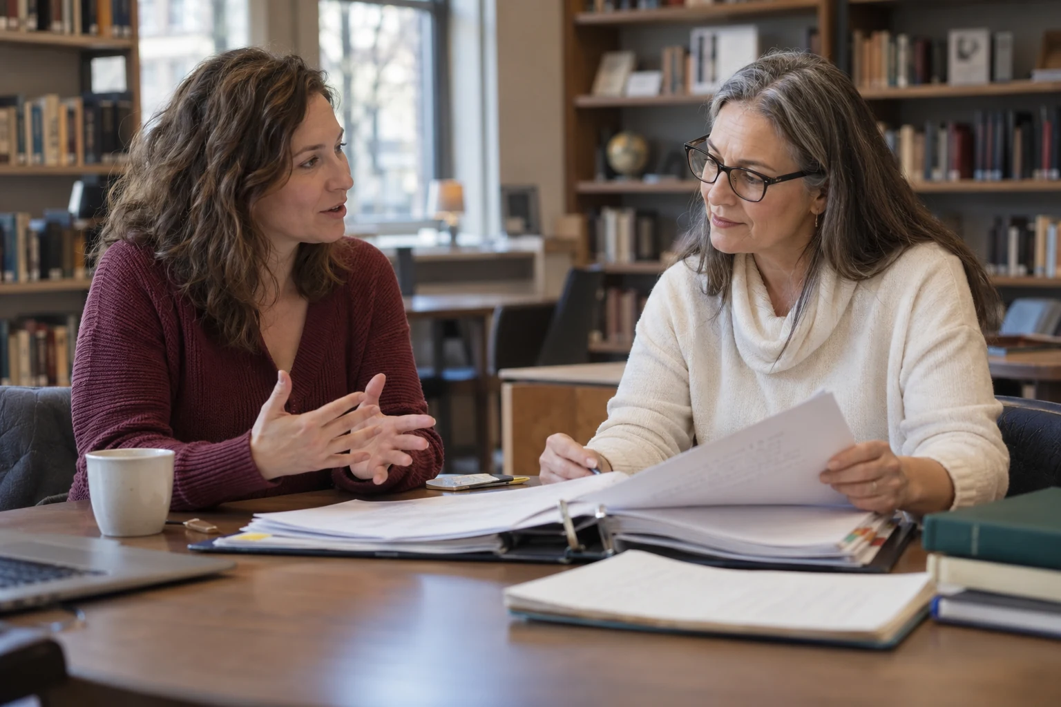 An author and editor sharing the work of organizing a draft.