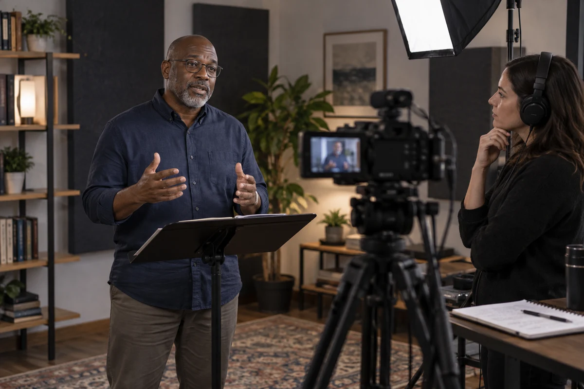 Illustration of an expert practicing one explanation with a studio producer