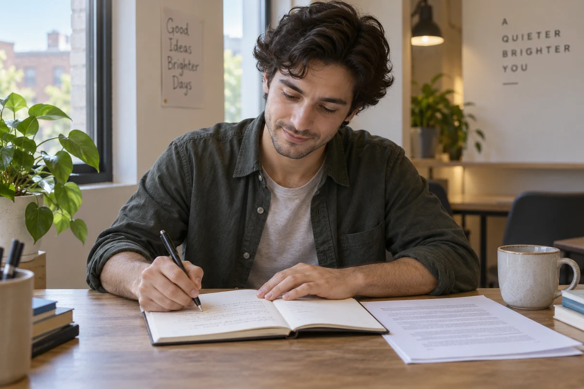 Illustration of an aspiring author beginning with one handwritten paragraph