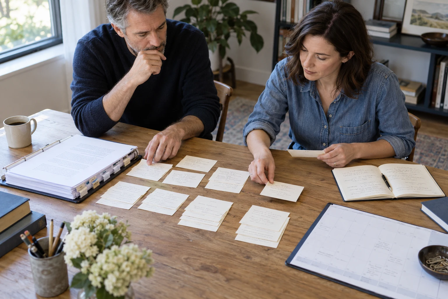 An author and editor putting chapter cards and project decisions in order.