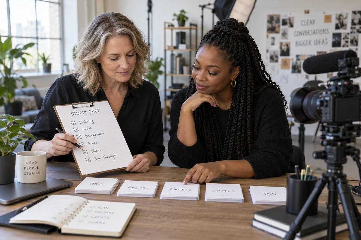 Illustration of an expert and producer checking a studio preparation plan