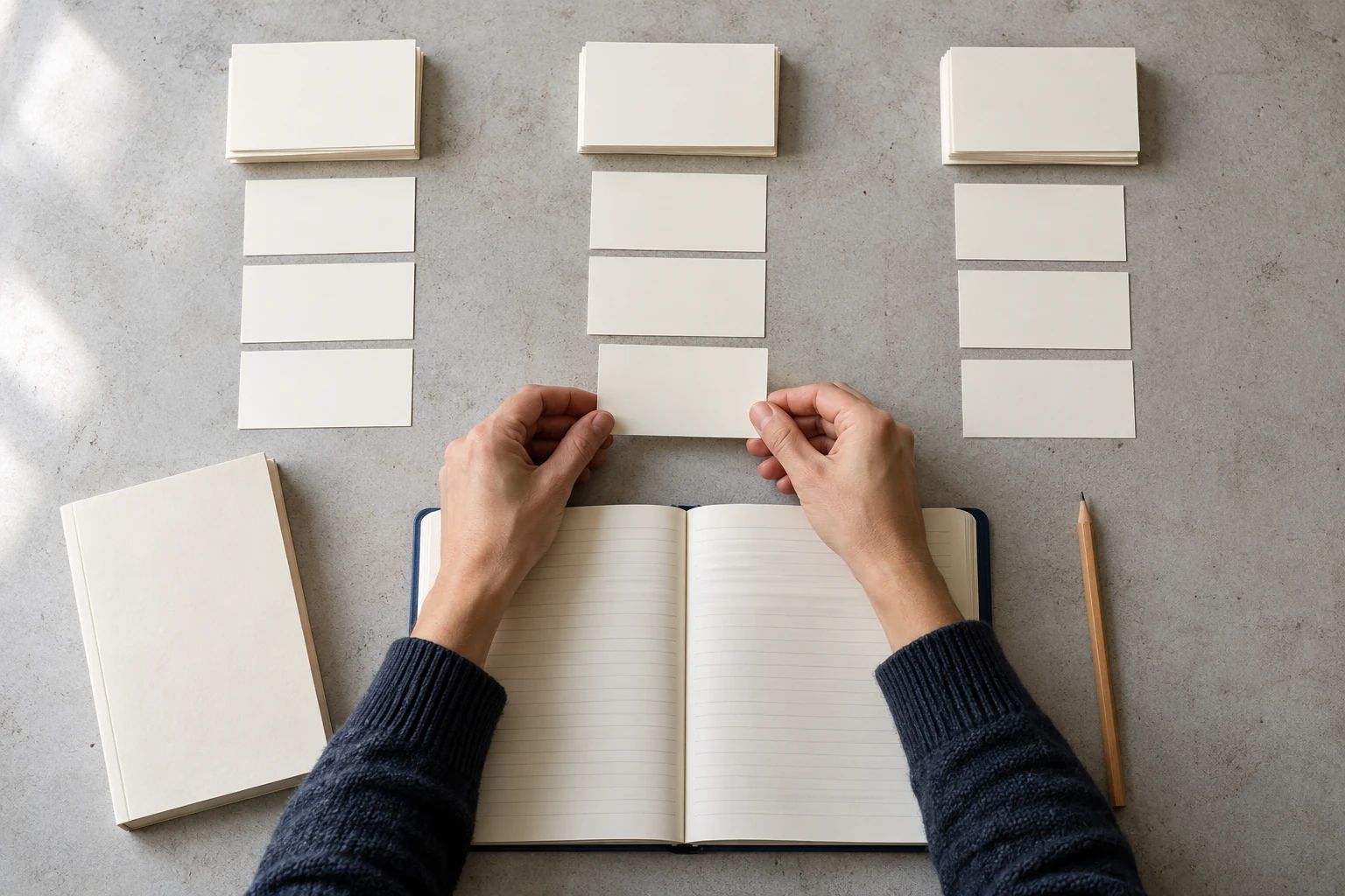 Three groups of idea cards representing the reader, purpose and creation route.