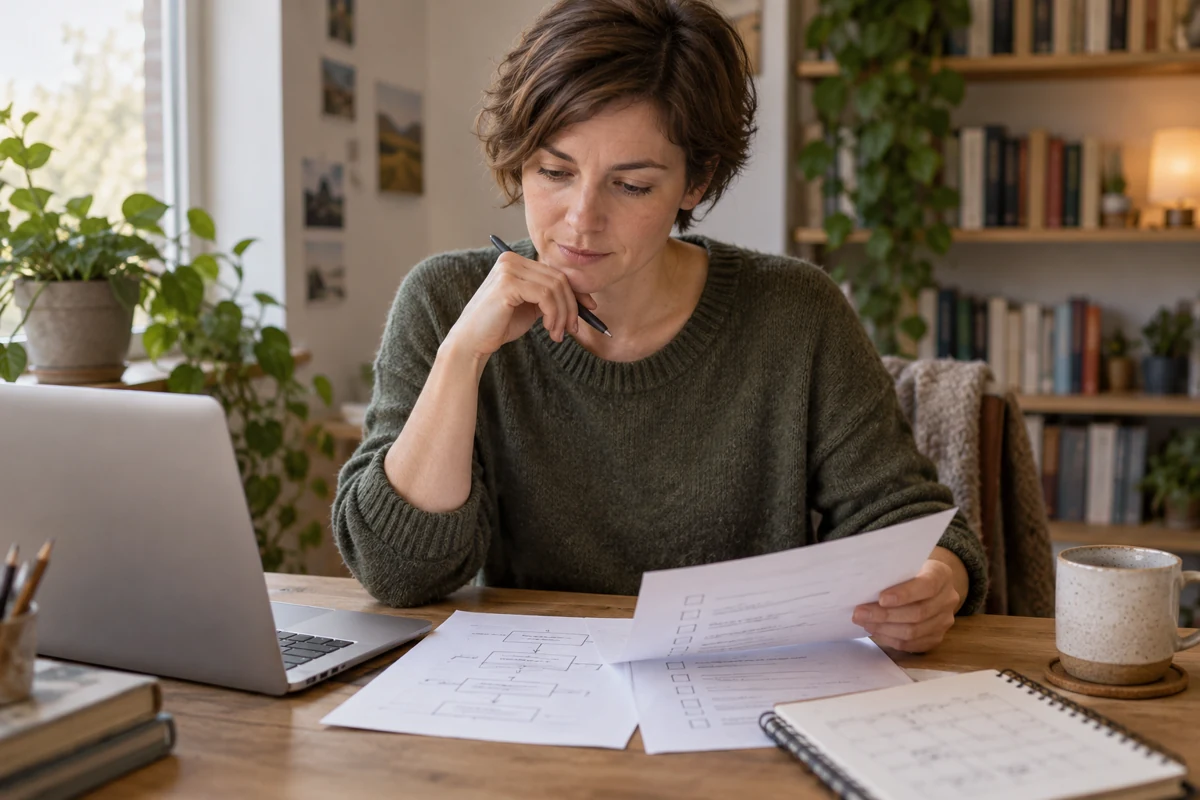 Illustration of an author checking chapter order and her writing schedule
