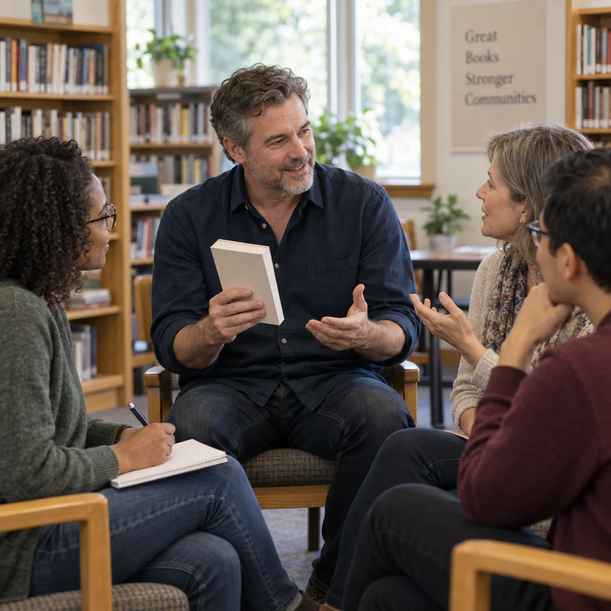 Editorial illustration of an author sharing a book and answering readers’ questions.