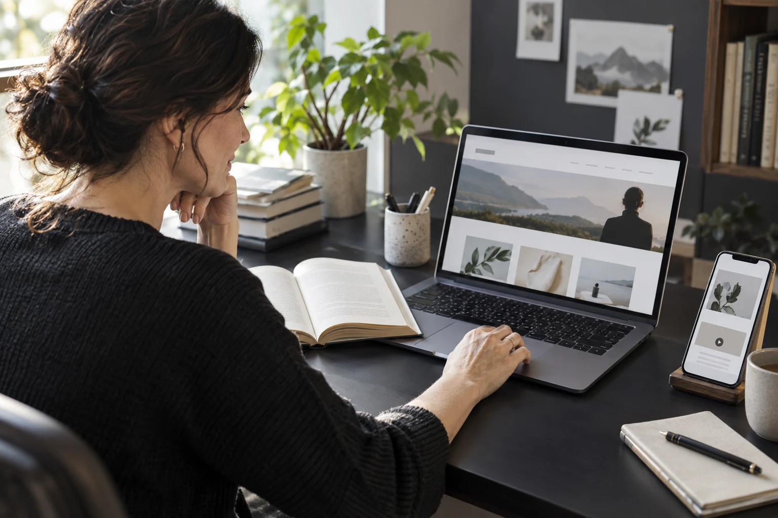 Illustration of an author connecting a book to her digital home