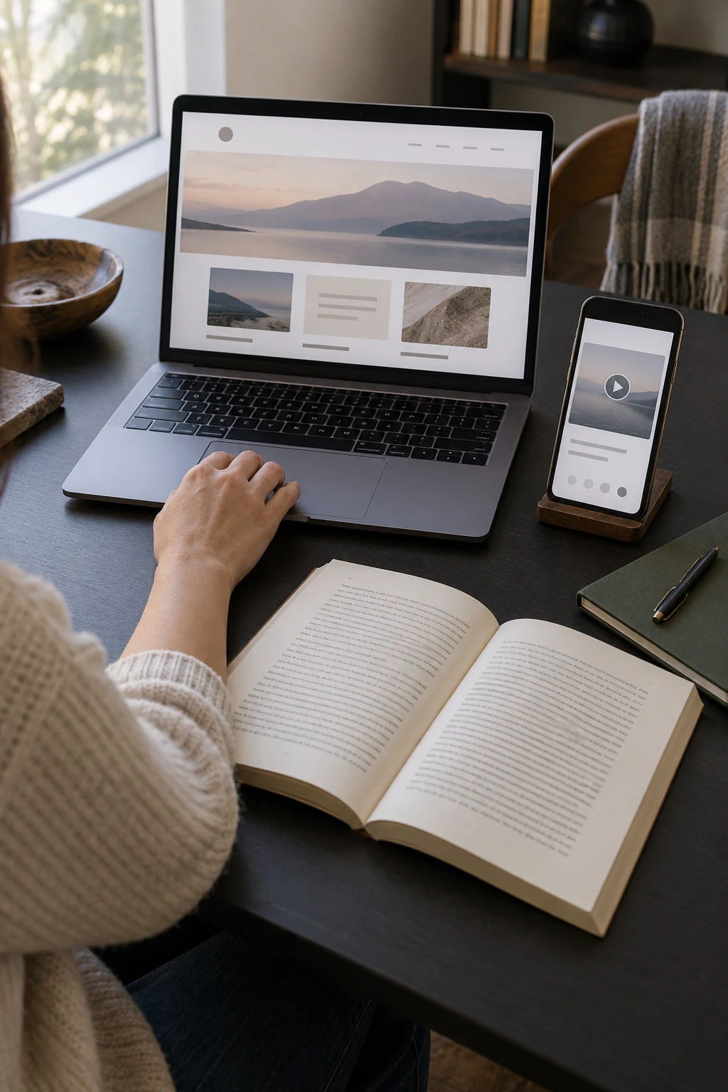 A book, author website and optional video lesson connected on one desk.