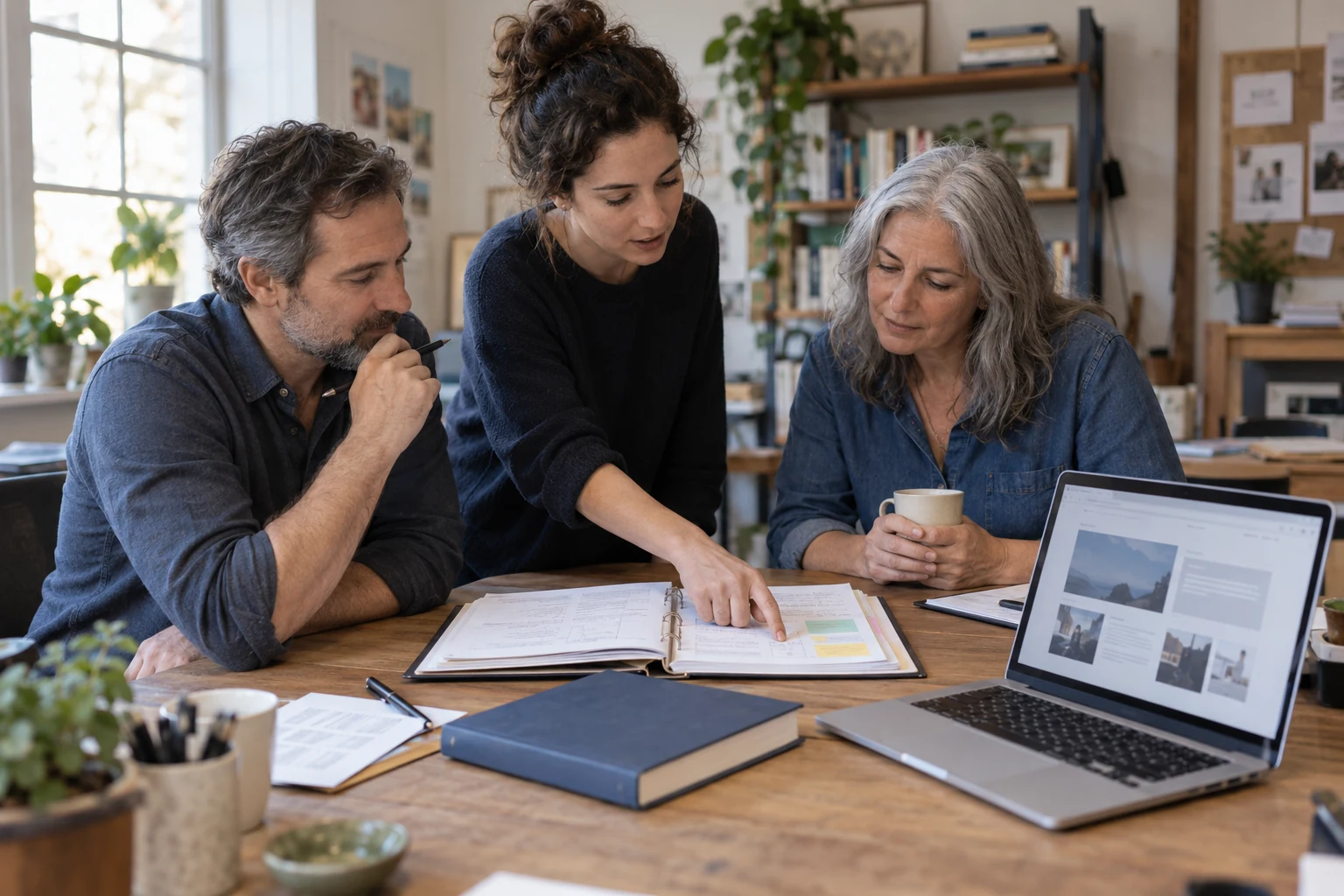 A book project team connecting a manuscript, reader plan and author website.