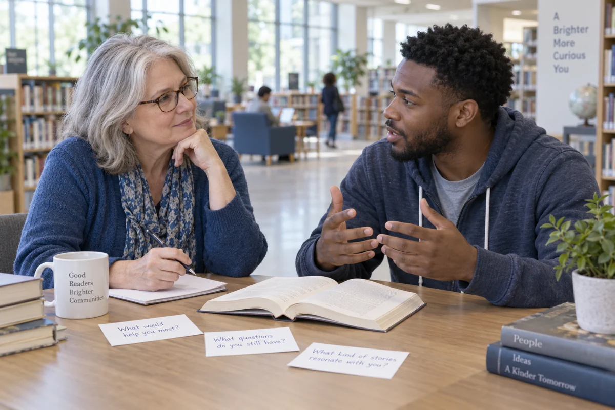 Illustration of an author listening to a reader in a library