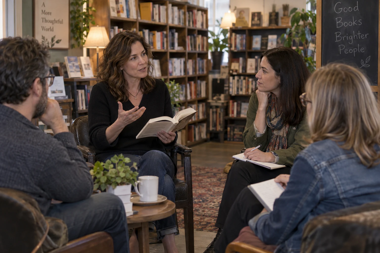 An author discussing a useful idea with readers at a small bookstore gathering.