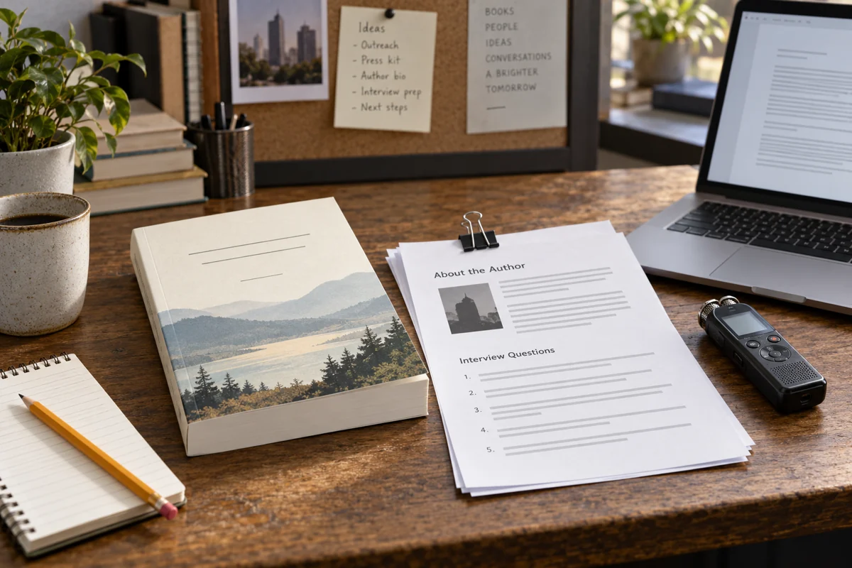 Illustration of a book, author biography and interview preparation notes