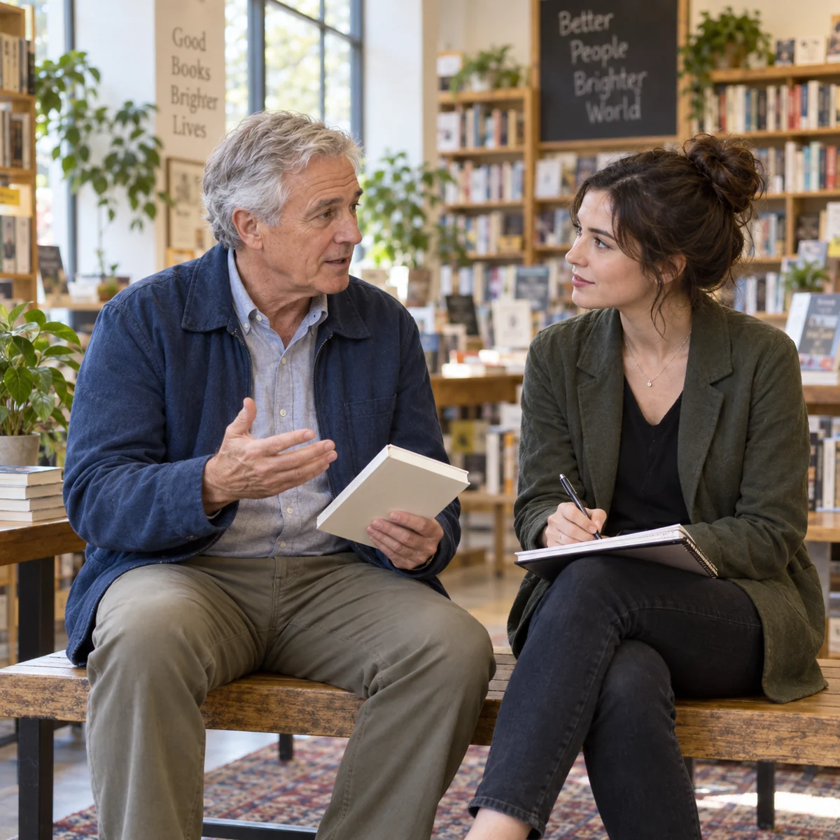Editorial illustration of an author explaining a book’s ideas to a journalist in a bookstore.