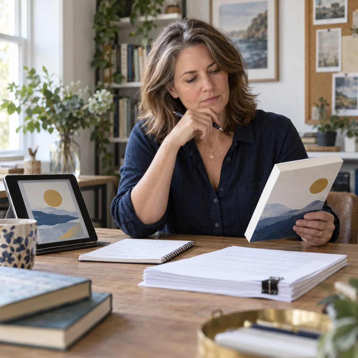 Editorial illustration of an author comparing a printed book, manuscript and ebook.