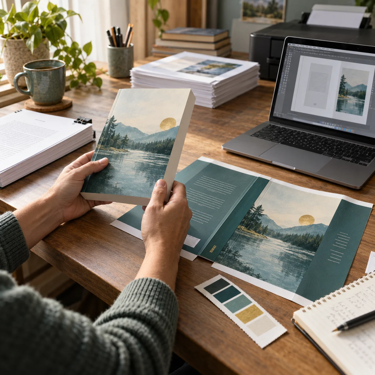 Editorial illustration of an author reviewing a book proof, cover mockups and page layout.