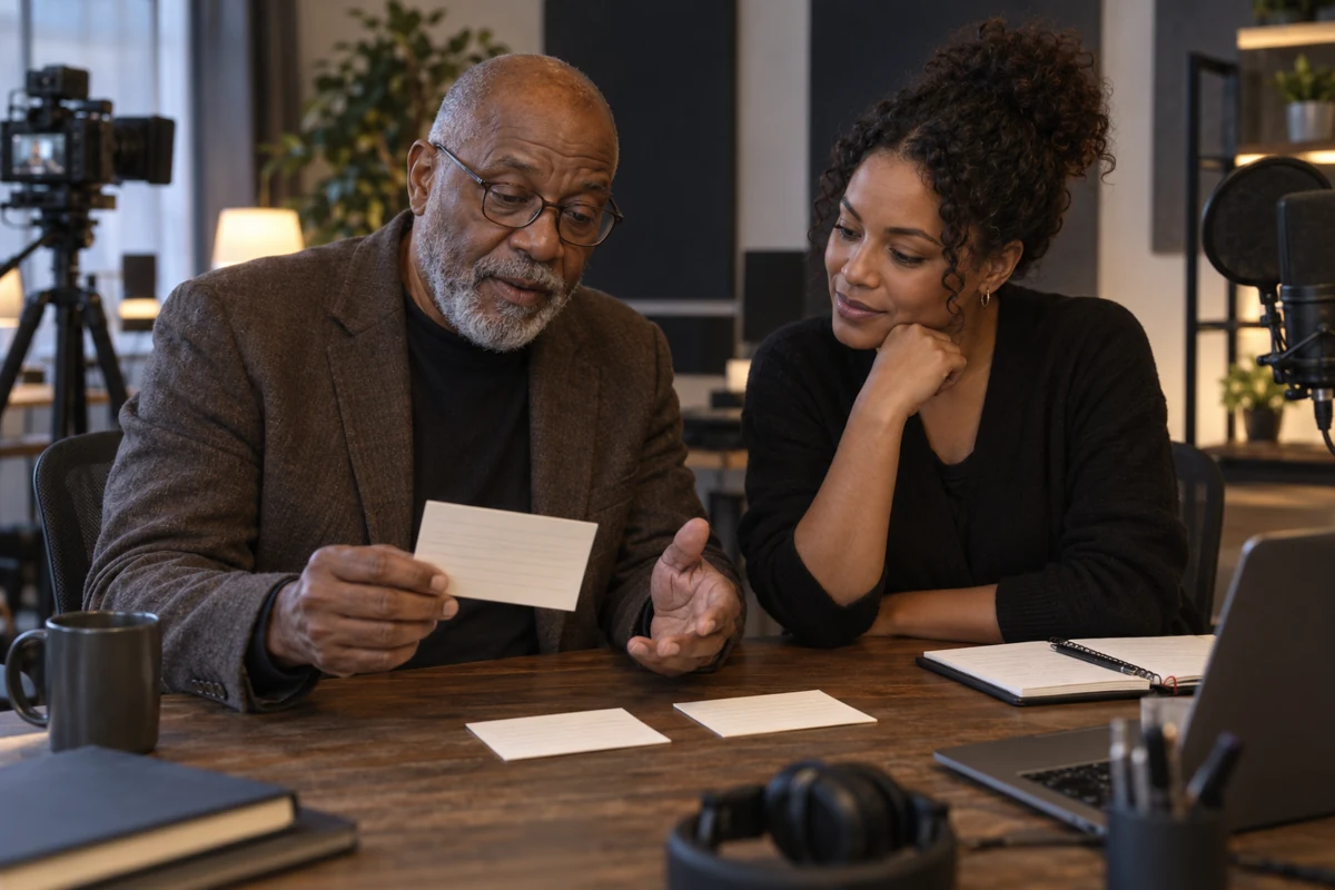 Illustration of an author checking chapter notes with a producer before recording
