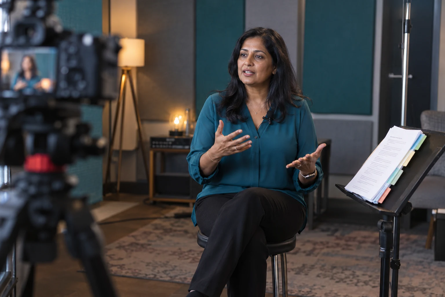 An expert teaching naturally on camera with a prepared chapter outline.