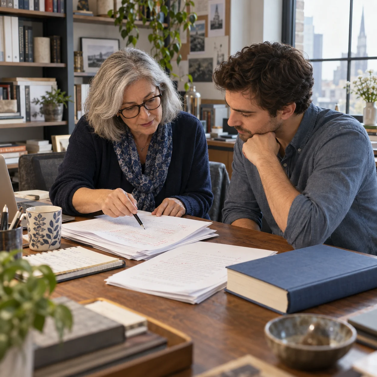 Editorial illustration of an editor and an author reviewing a manuscript together.