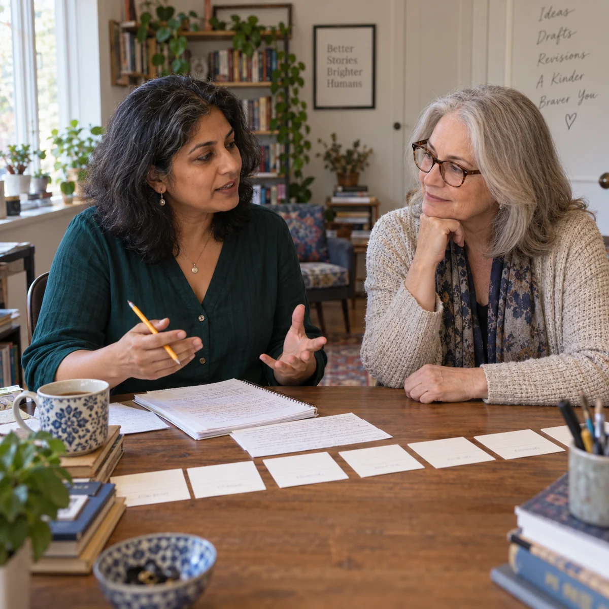 An author discussing chapter order with a book coach.