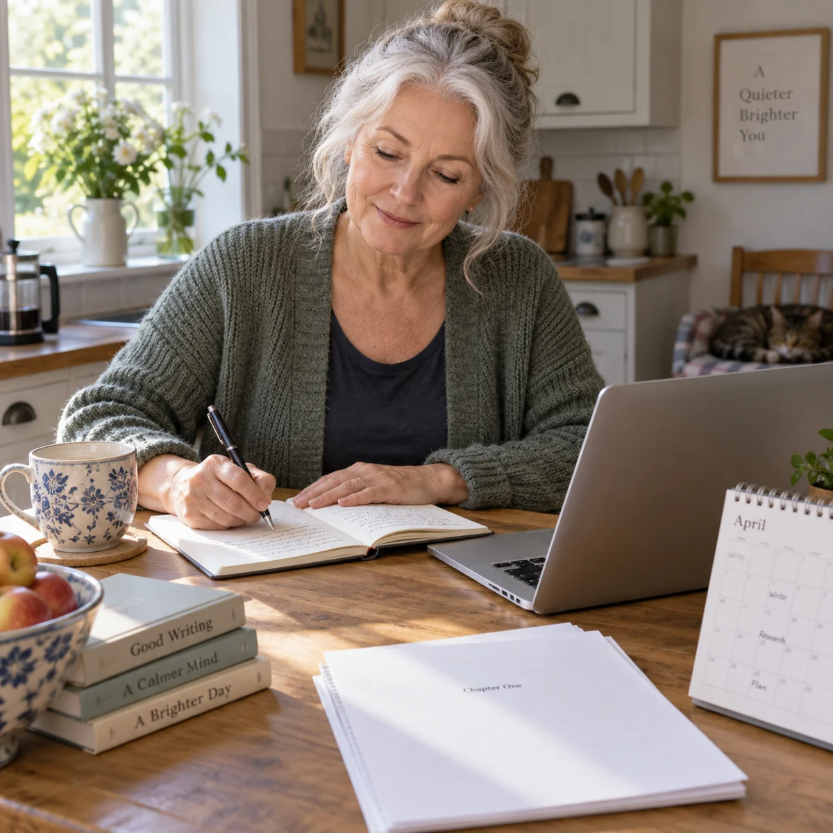 An author protecting time to write at her kitchen table.