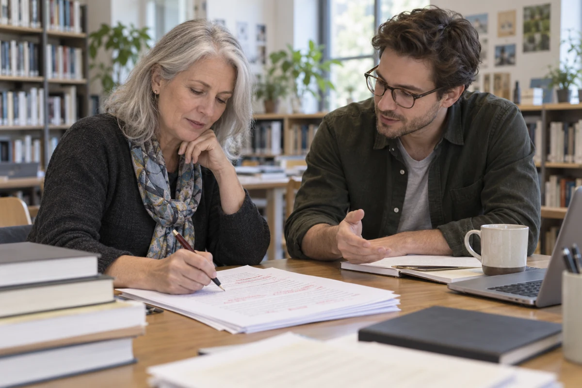 Illustration of an author making a manuscript decision with an editor, without filming