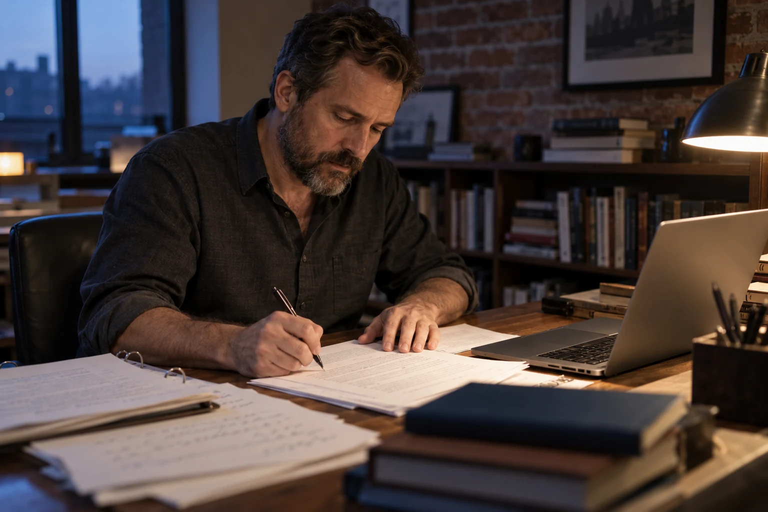 An author revising his own manuscript in a quiet evening study.