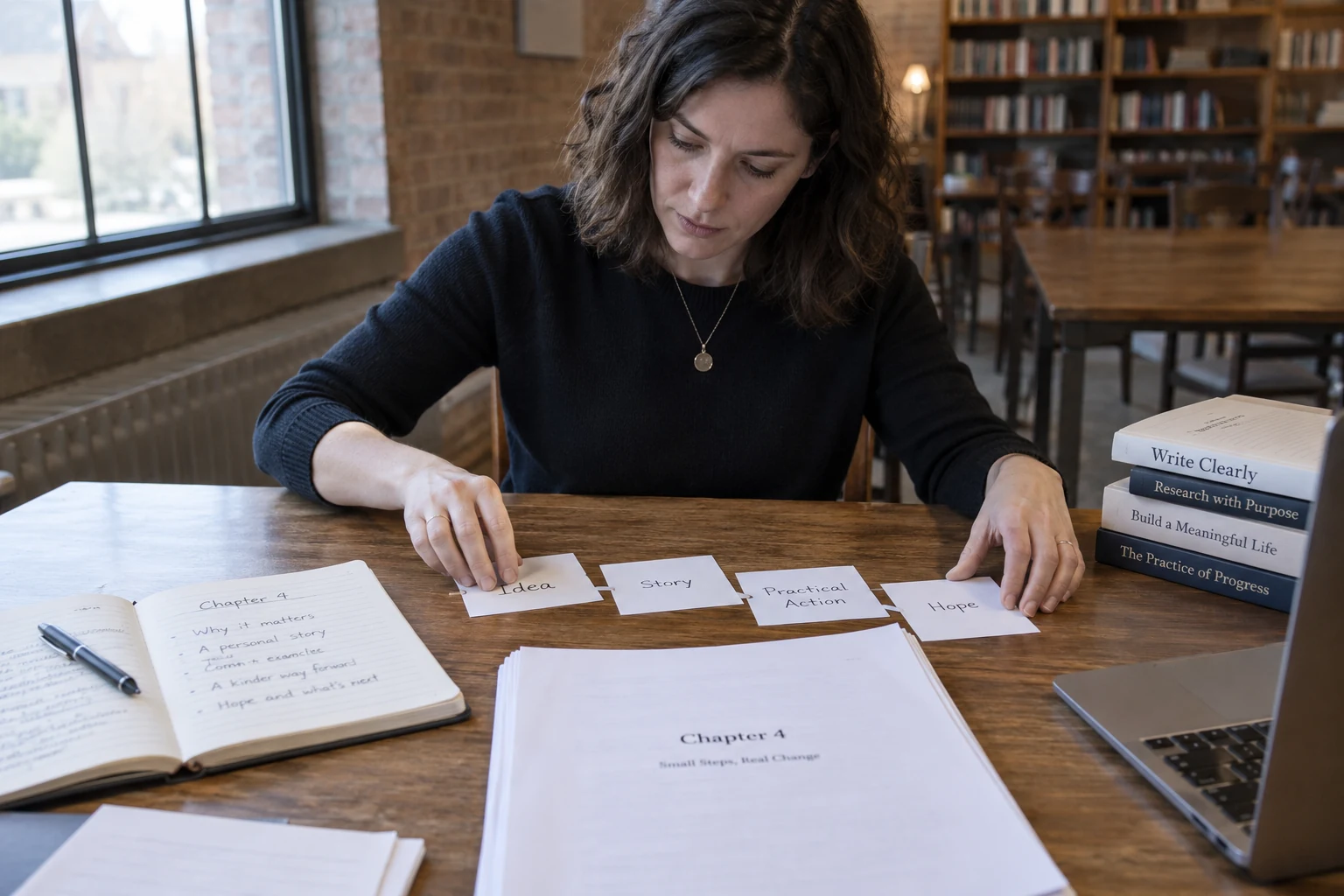 An author shaping a chapter around an idea, a story, practical action and hope.