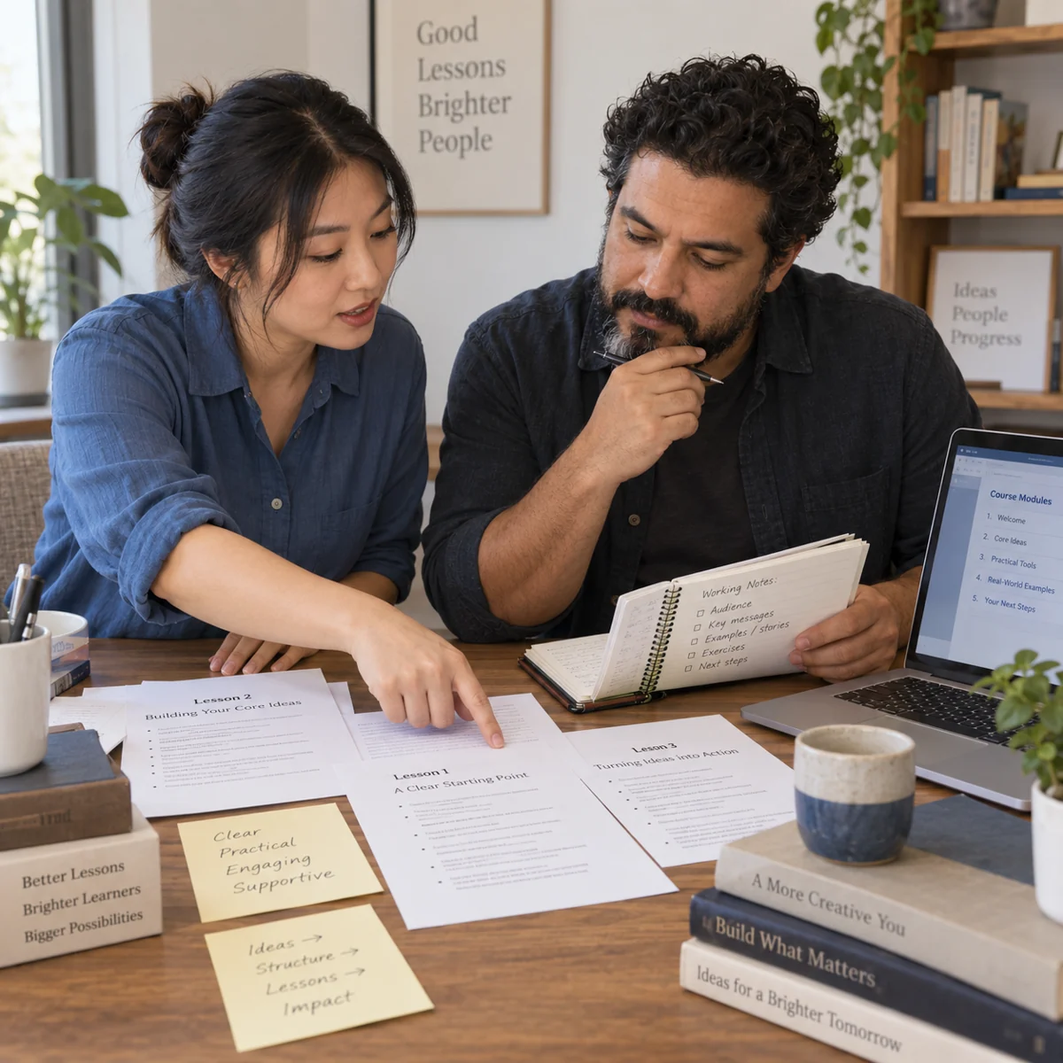 An instructional designer and author reviewing the written lessons accompanying his manuscript.