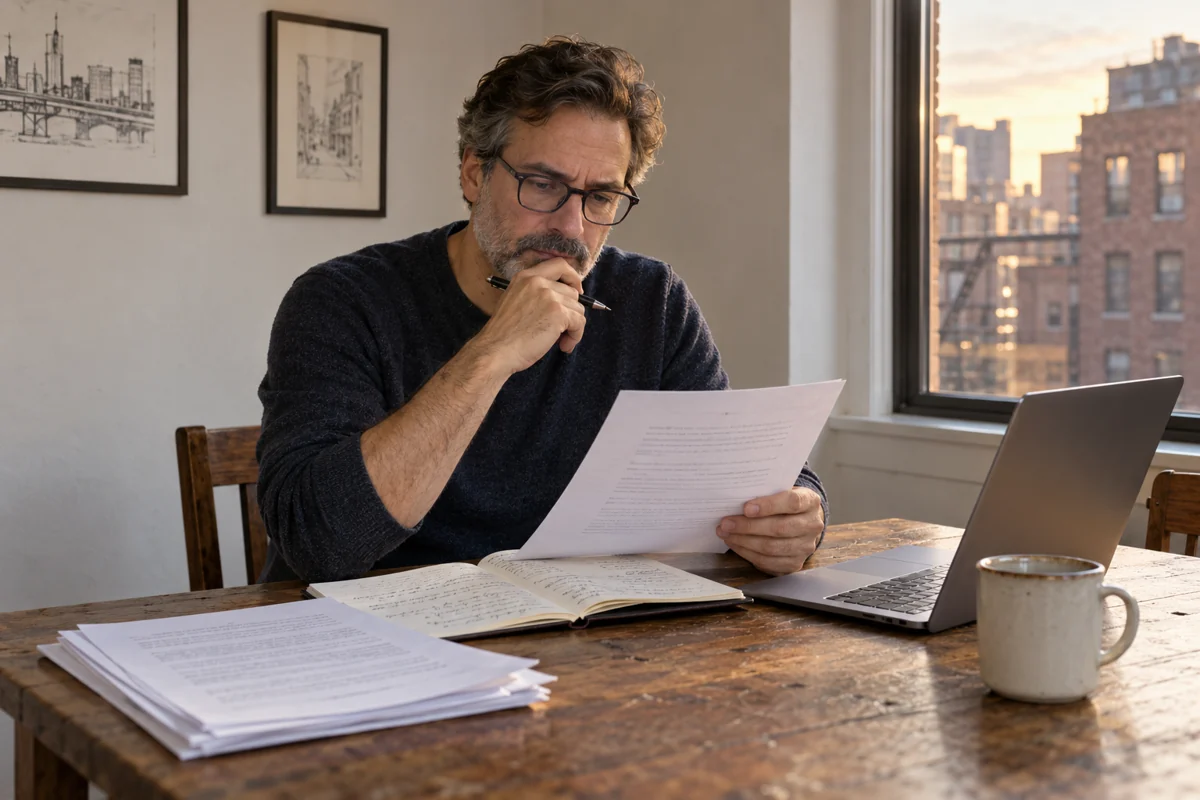 Illustration of an author working on his own manuscript at home