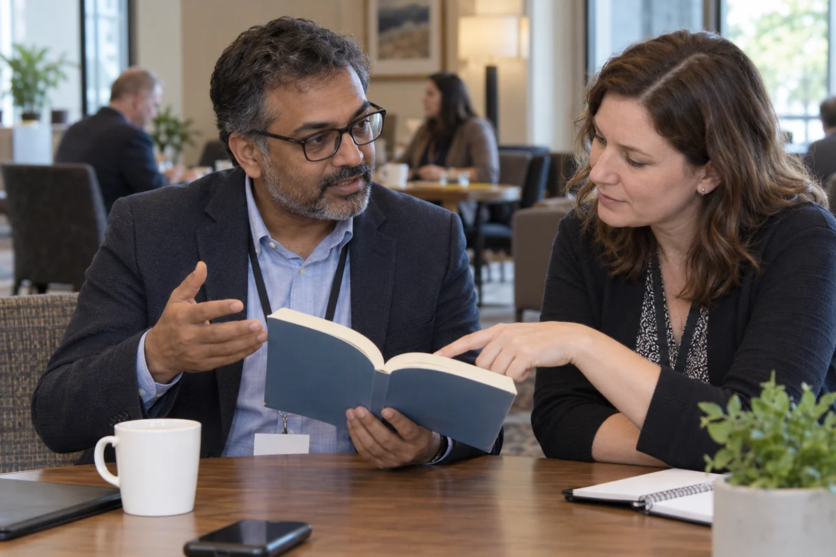 Illustration of an author discussing an idea from his existing book with a colleague