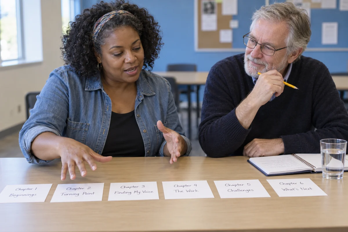 Illustration of an author and book coach discussing chapter cards